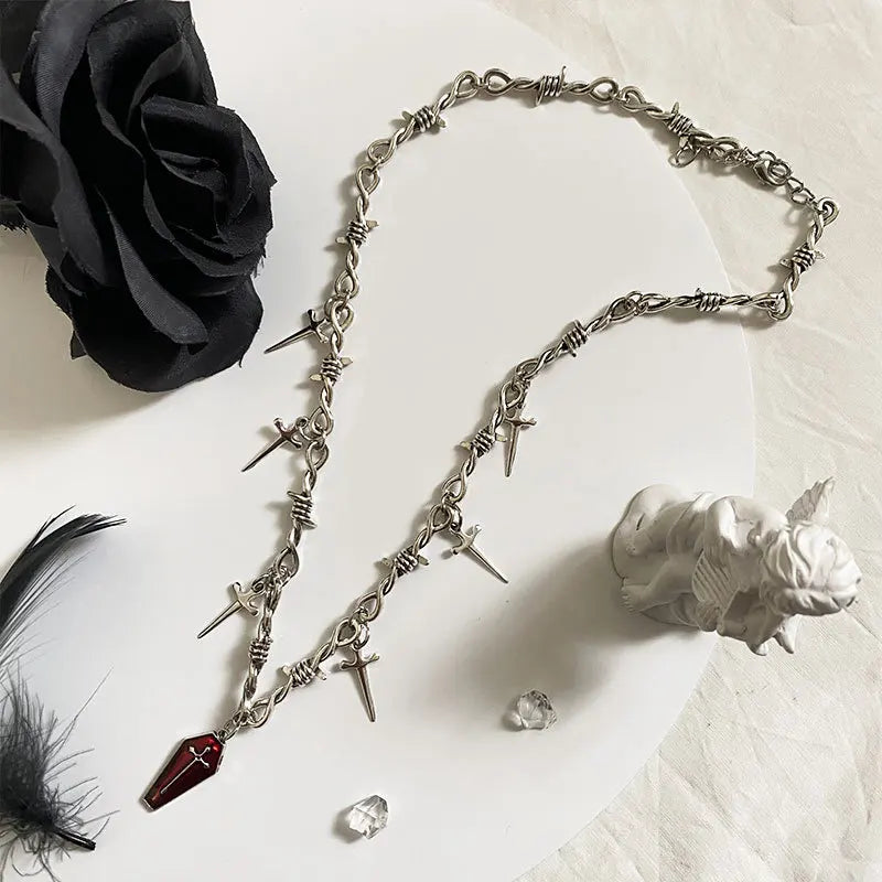 Gothic Coffin & Swords Necklace - Retro Y2K Grunge Fashion Accessory