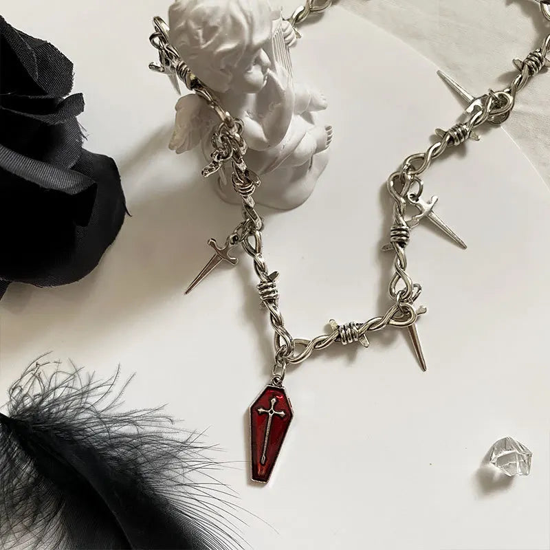 Gothic Coffin & Swords Necklace - Retro Y2K Grunge Fashion Accessory