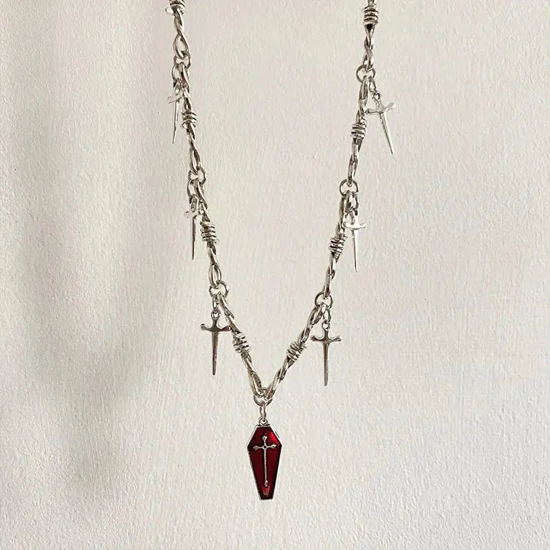 Gothic Coffin & Swords Necklace - Retro Y2K Grunge Fashion Accessory
