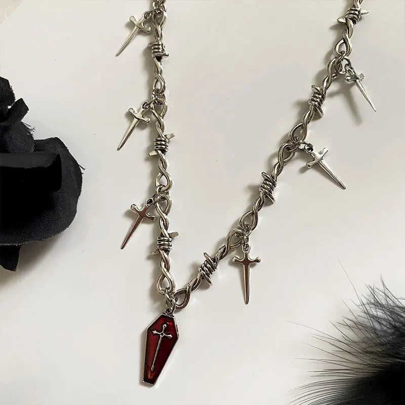 Gothic Coffin & Swords Necklace - Retro Y2K Grunge Fashion Accessory