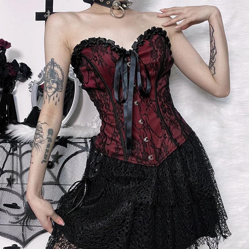 Gothic Ribbon Corset Top - Y2K Grunge Fashion, Retro Style 90s Outfit