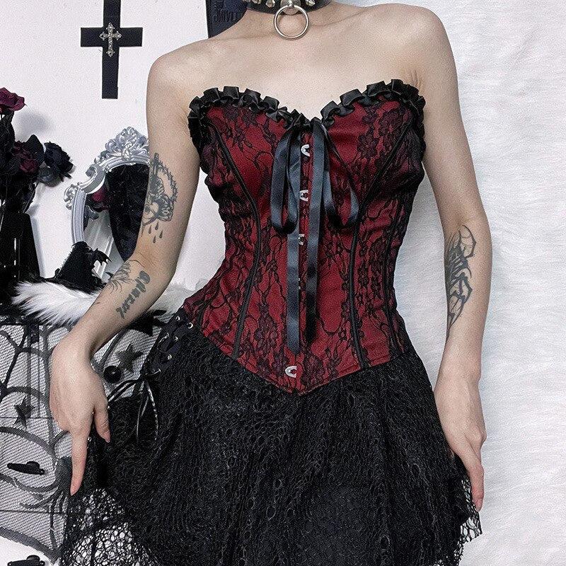 Gothic Ribbon Corset Top - Y2K Grunge Fashion, Retro Style 90s Outfit
