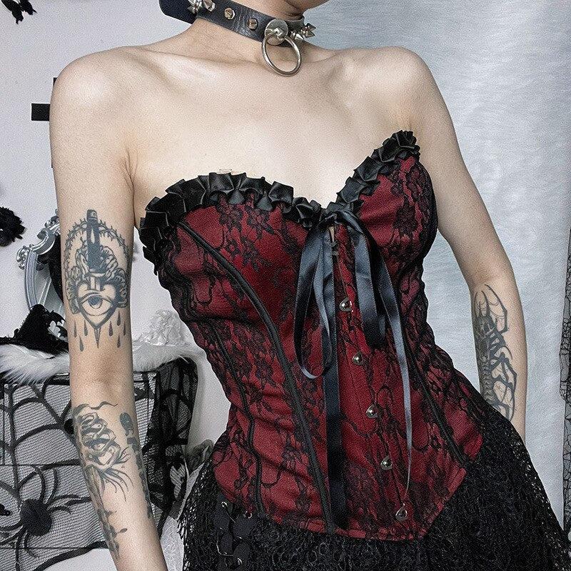 Gothic Ribbon Corset Top - Y2K Grunge Fashion, Retro Style 90s Outfit