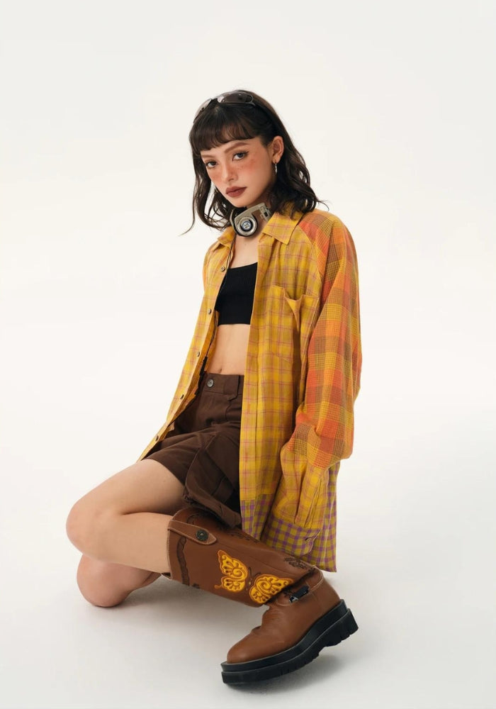 Grunge Multi Pattern Plaid Shirt - Retro Y2K Fashion, 90s Style, Perfect for Y2K Outfits