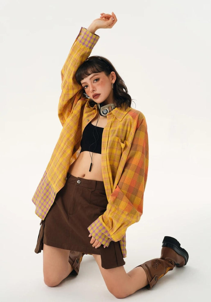Grunge Multi Pattern Plaid Shirt - Retro Y2K Fashion, 90s Style, Perfect for Y2K Outfits