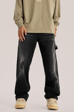 Mid Rise Washed Distressed Y2K Jeans - Retro 90s Grunge Style