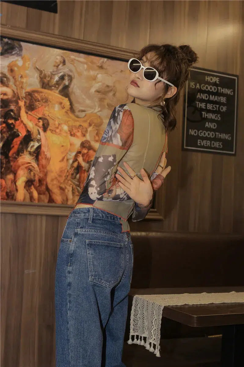 Vintage Asymmetric Patch Mesh Top - Y2K Fashion, 90s Grunge Style
