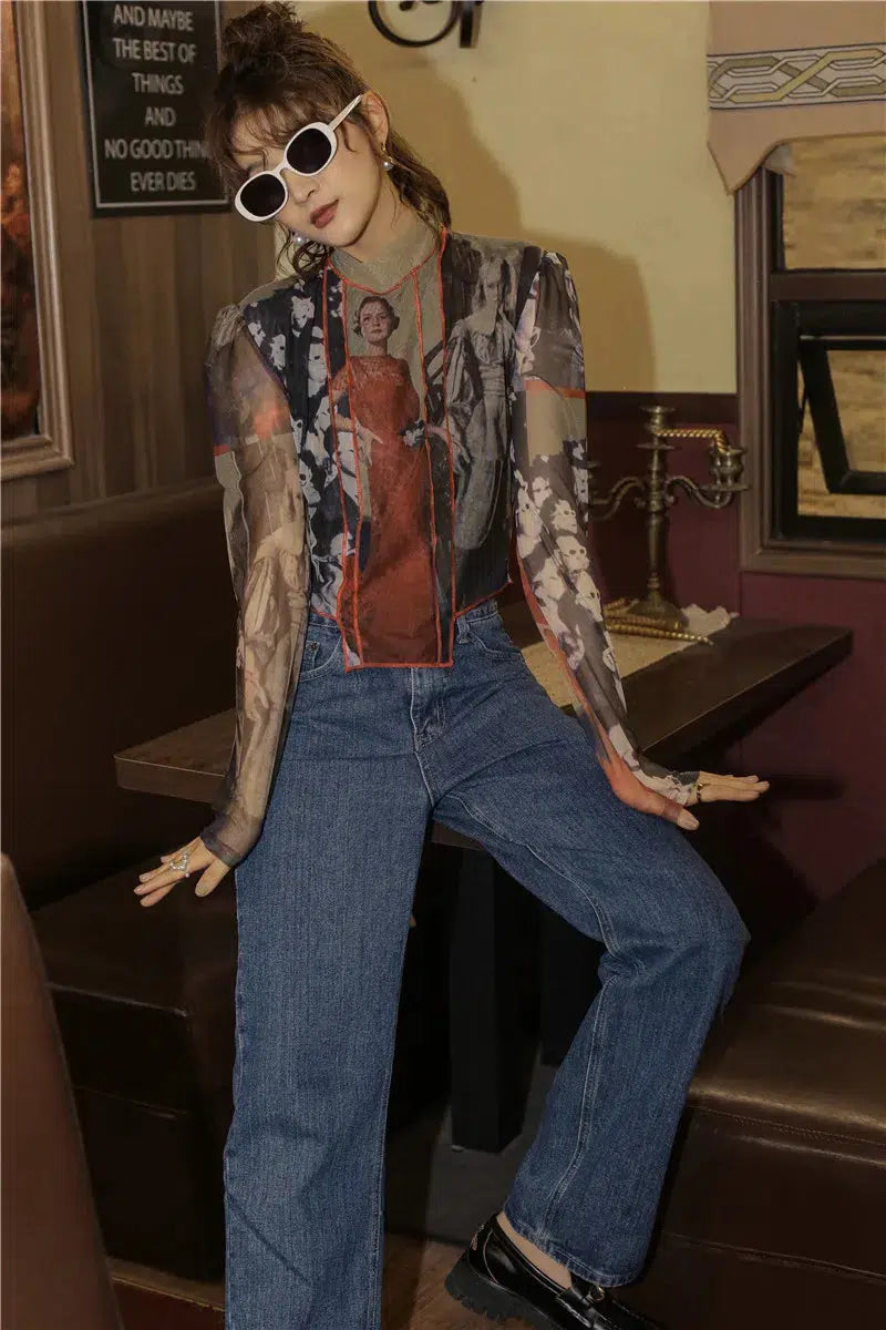 Vintage Asymmetric Patch Mesh Top - Y2K Fashion, 90s Grunge Style