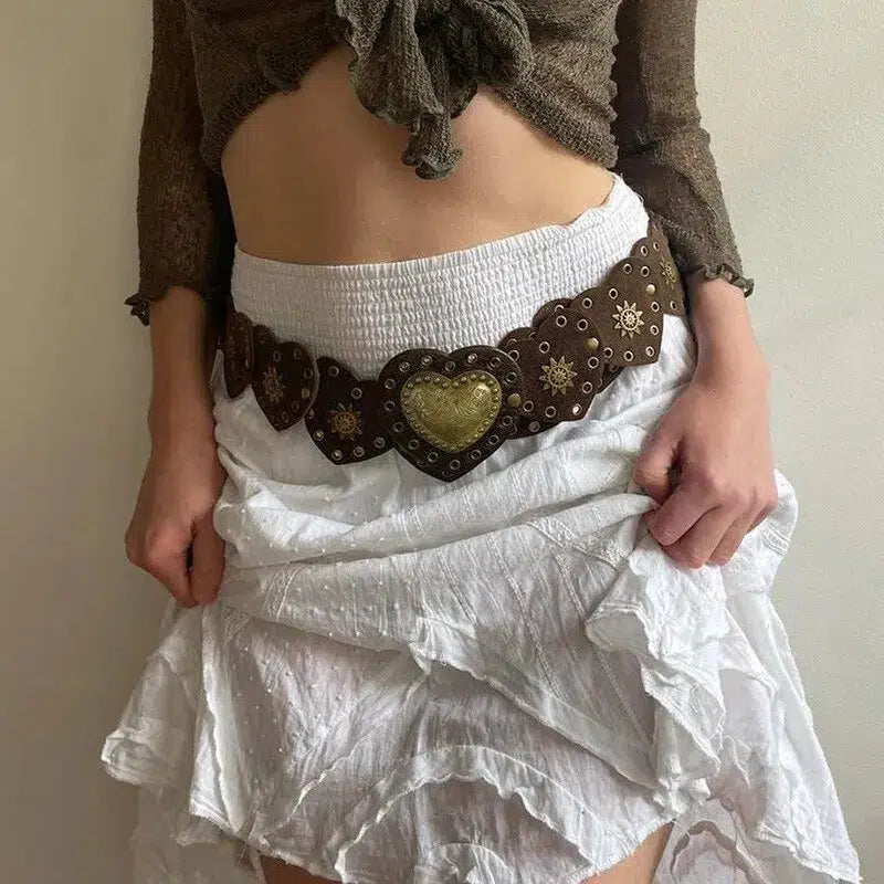 Vintage Ethnic Heart Suede Waist Belt - Retro Y2K Fashion Accessory for Grunge Outfits