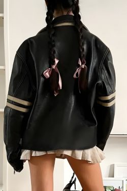 Vintage Grunge Y2K Faux Leather Biker Jacket - Retro 90s Zip-Up Style