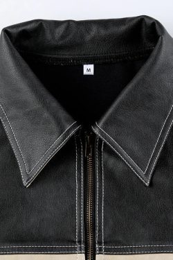 Vintage Grunge Y2K Faux Leather Biker Jacket - Retro 90s Zip-Up Style