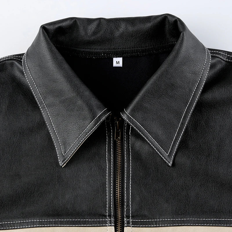 Vintage Grunge Y2K Faux Leather Biker Jacket - Retro 90s Zip-Up Style