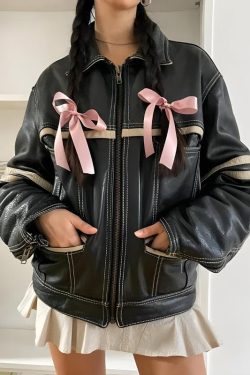 Vintage Grunge Y2K Faux Leather Biker Jacket - Retro 90s Zip-Up Style