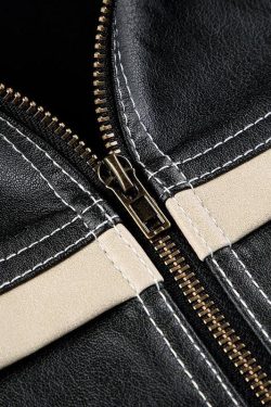 Vintage Grunge Y2K Faux Leather Biker Jacket - Retro 90s Zip-Up Style