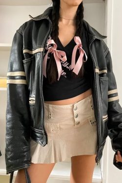 Vintage Grunge Y2K Faux Leather Biker Jacket - Retro 90s Zip-Up Style