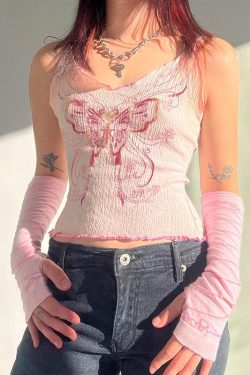 Y2K Butterfly Pink Crop Top - Retro 90s Fashion Grunge Outfit