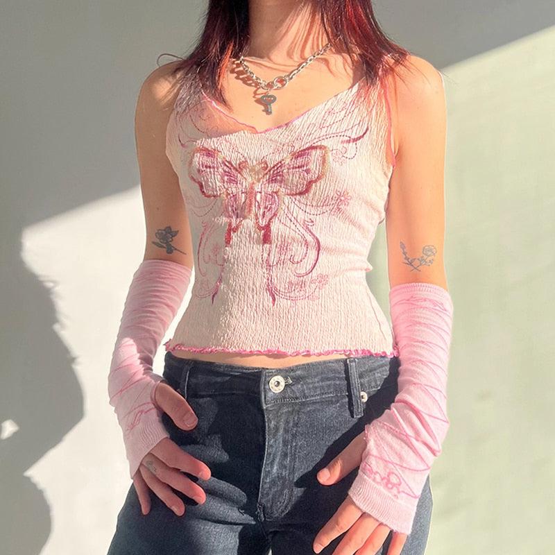 Y2K Butterfly Pink Crop Top - Retro 90s Fashion Grunge Outfit