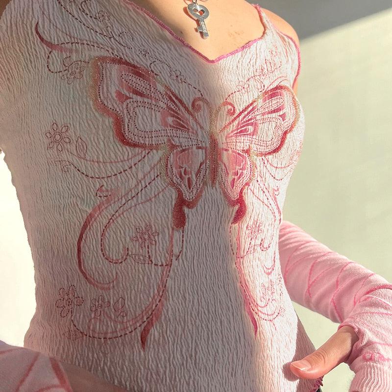 Y2K Butterfly Pink Crop Top - Retro 90s Fashion Grunge Outfit