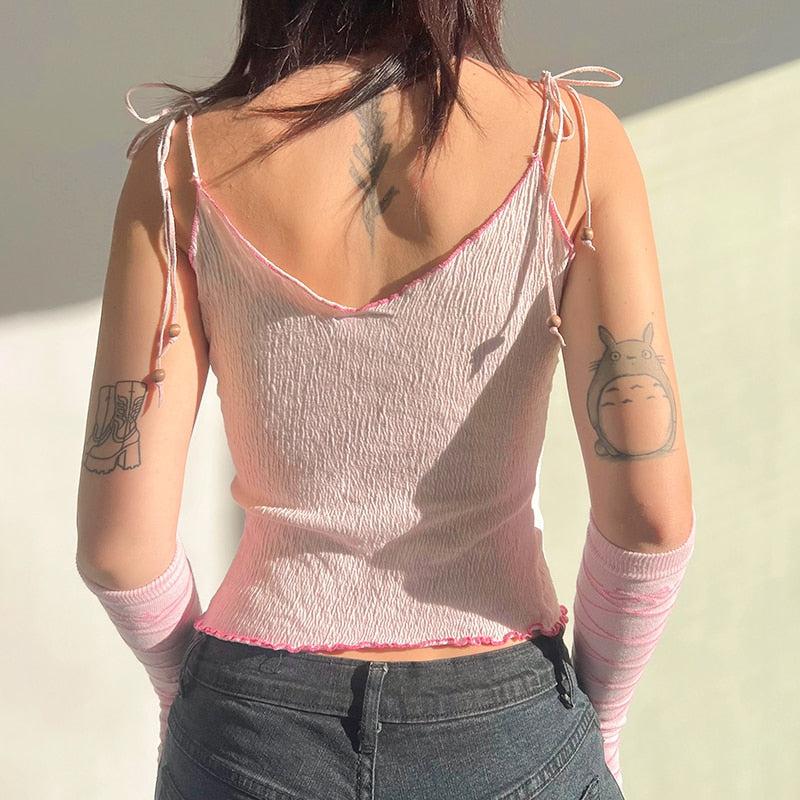 Y2K Butterfly Pink Crop Top - Retro 90s Fashion Grunge Outfit