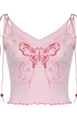 Y2K Butterfly Pink Crop Top - Retro 90s Fashion Grunge Outfit