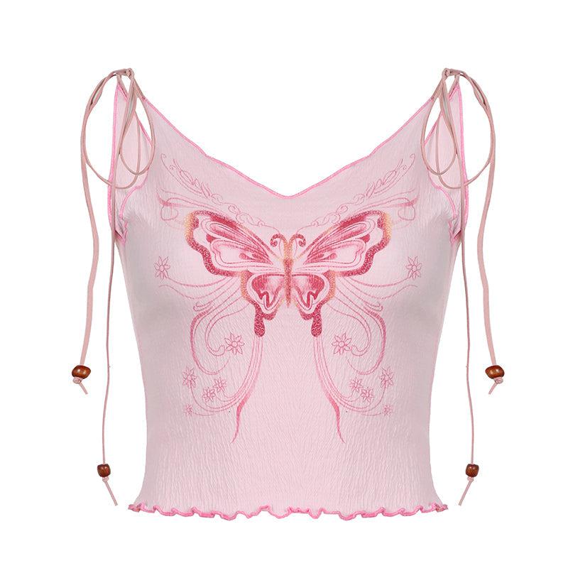 Y2K Butterfly Pink Crop Top - Retro 90s Fashion Grunge Outfit