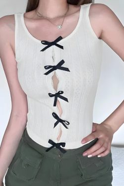 Y2K Coquette Bow Pointelle Top - Retro Style 90s Fashion Grunge Outfit