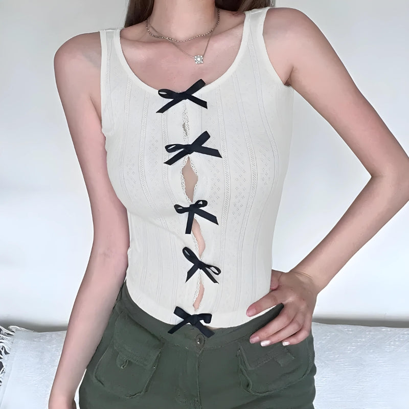 Y2K Coquette Bow Pointelle Top - Retro Style 90s Fashion Grunge Outfit