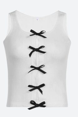 Y2K Coquette Bow Pointelle Top - Retro Style 90s Fashion Grunge Outfit
