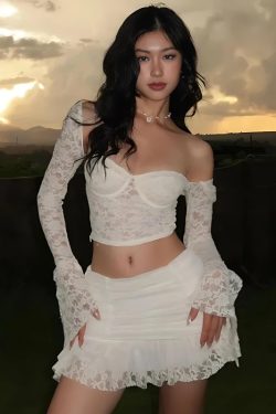 Y2K Coquette Lace Top & Ruched Mini Skirt Set - Retro 90s Summer Outfit