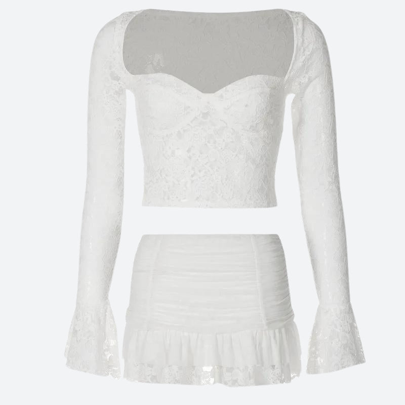 Y2K Coquette Lace Top & Ruched Mini Skirt Set - Retro 90s Summer Outfit