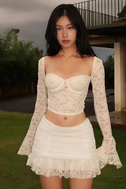 Y2K Coquette Lace Top & Ruched Mini Skirt Set - Retro 90s Summer Outfit