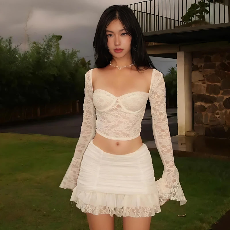 Y2K Coquette Lace Top & Ruched Mini Skirt Set - Retro 90s Summer Outfit