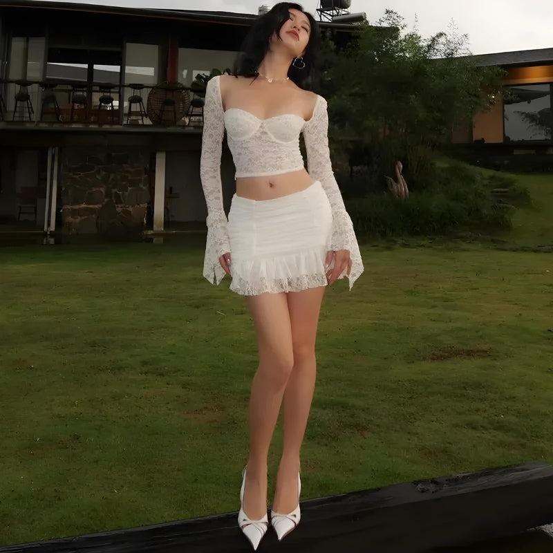Y2K Coquette Lace Top & Ruched Mini Skirt Set - Retro 90s Summer Outfit