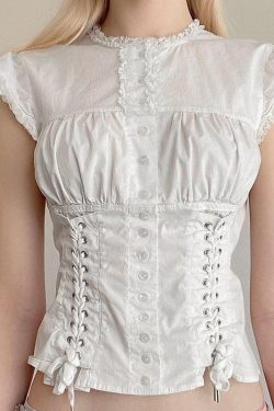 Y2K Coquette Lace Up Cap Sleeve Top - Retro 90s Fashion Style