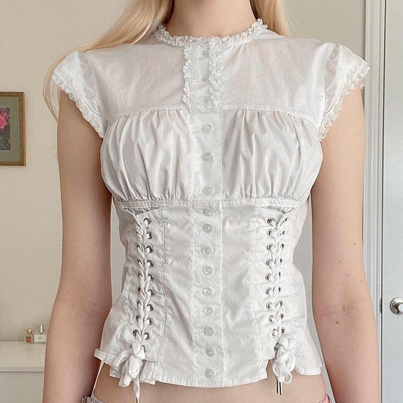Y2K Coquette Lace Up Cap Sleeve Top - Retro 90s Fashion Style