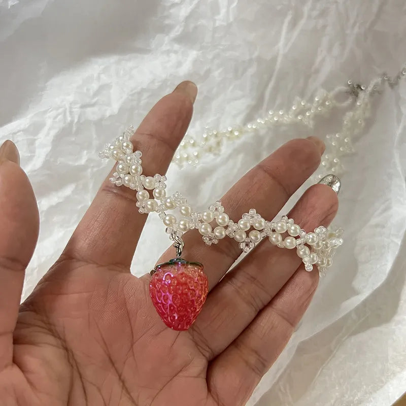 Y2K Coquette Strawberry Pearl Beaded Necklace - Retro 90s Fashion Statement Jewelry