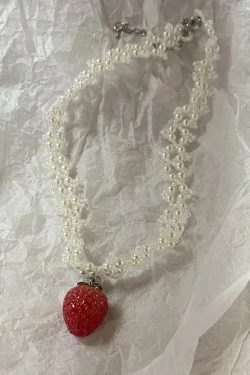 Y2K Coquette Strawberry Pearl Beaded Necklace - Retro 90s Fashion Statement Jewelry