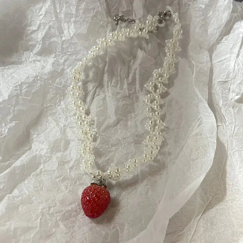 Y2K Coquette Strawberry Pearl Beaded Necklace - Retro 90s Fashion Statement Jewelry