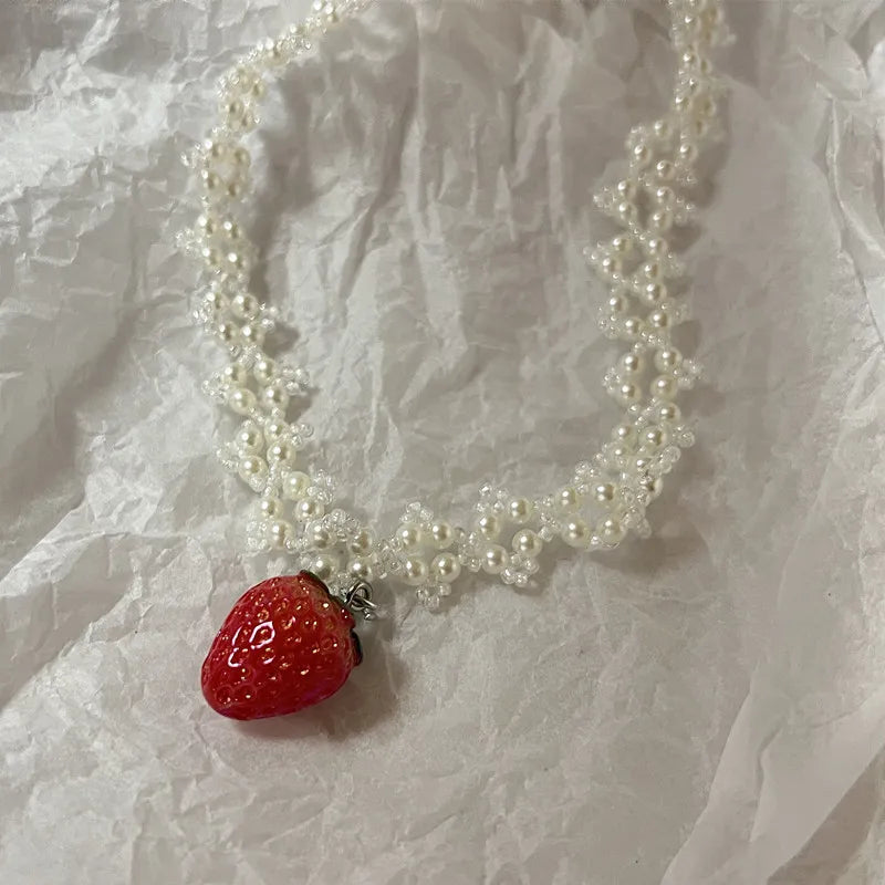 Y2K Coquette Strawberry Pearl Beaded Necklace - Retro 90s Fashion Statement Jewelry