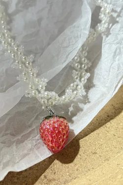 Y2K Coquette Strawberry Pearl Beaded Necklace - Retro 90s Fashion Statement Jewelry