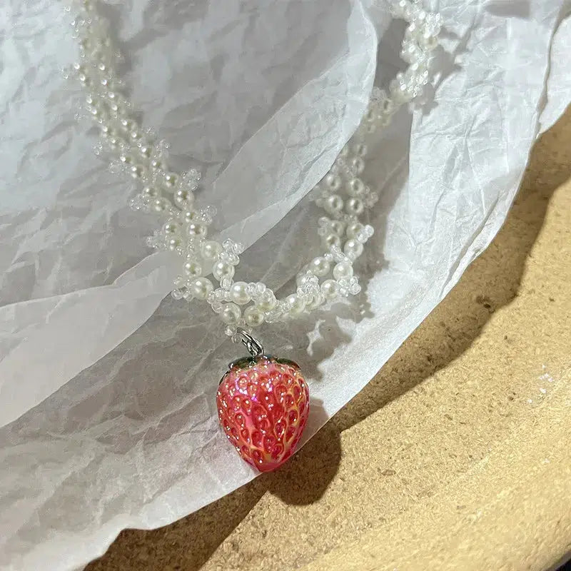Y2K Coquette Strawberry Pearl Beaded Necklace - Retro 90s Fashion Statement Jewelry