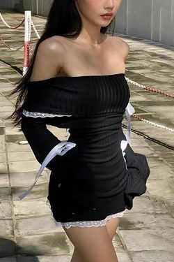 Y2K Corduroy Off Shoulder Bow Mini Dress - Retro Style Douyin Dress for 90s and Y2K Outfits
