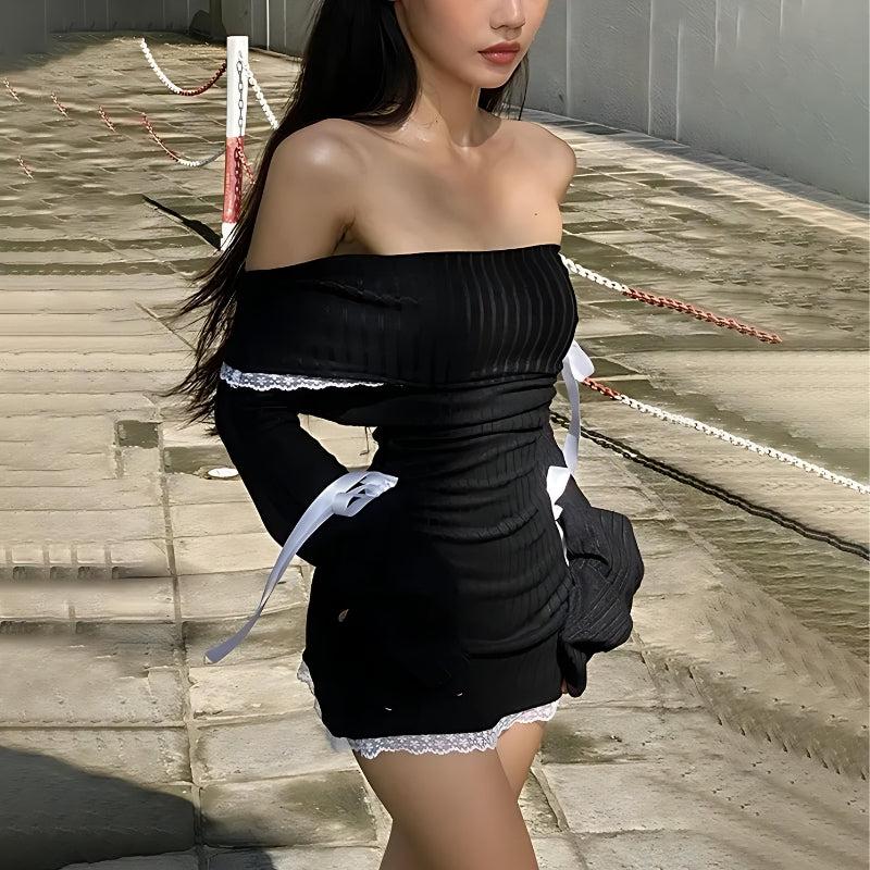 Y2K Corduroy Off Shoulder Bow Mini Dress - Retro Style Douyin Dress for 90s and Y2K Outfits