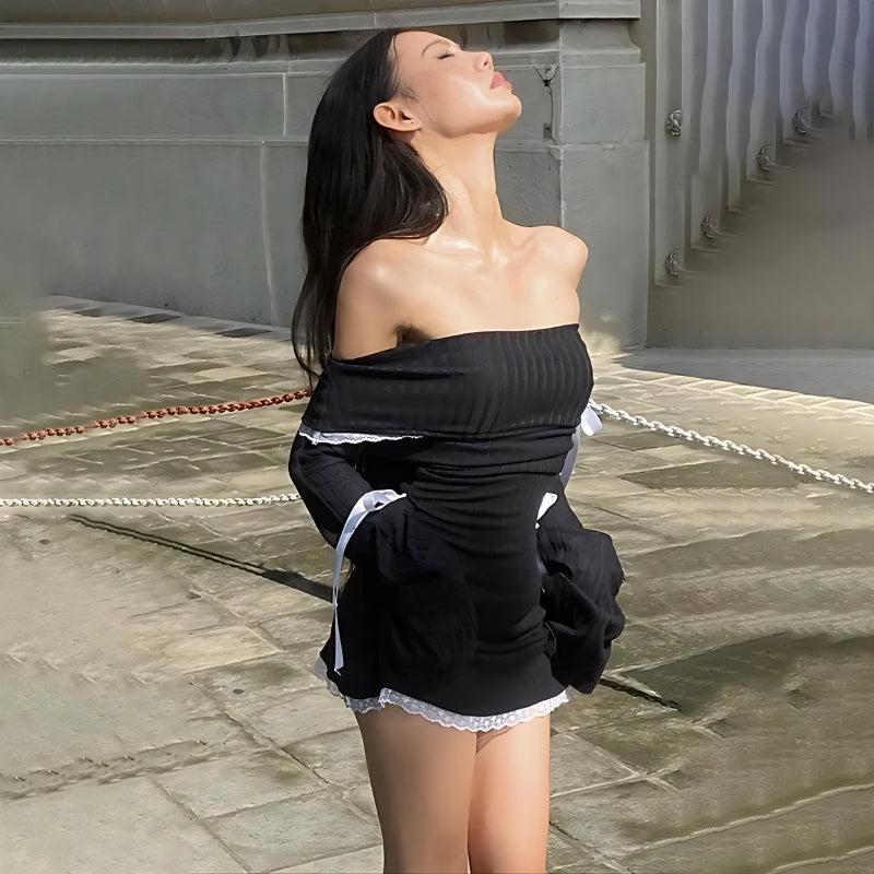 Y2K Corduroy Off Shoulder Bow Mini Dress - Retro Style Douyin Dress for 90s and Y2K Outfits