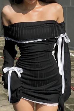 Y2K Corduroy Off Shoulder Bow Mini Dress - Retro Style Douyin Dress for 90s and Y2K Outfits
