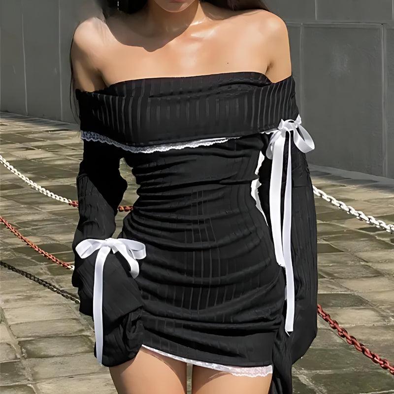 Y2K Corduroy Off Shoulder Bow Mini Dress - Retro Style Douyin Dress for 90s and Y2K Outfits