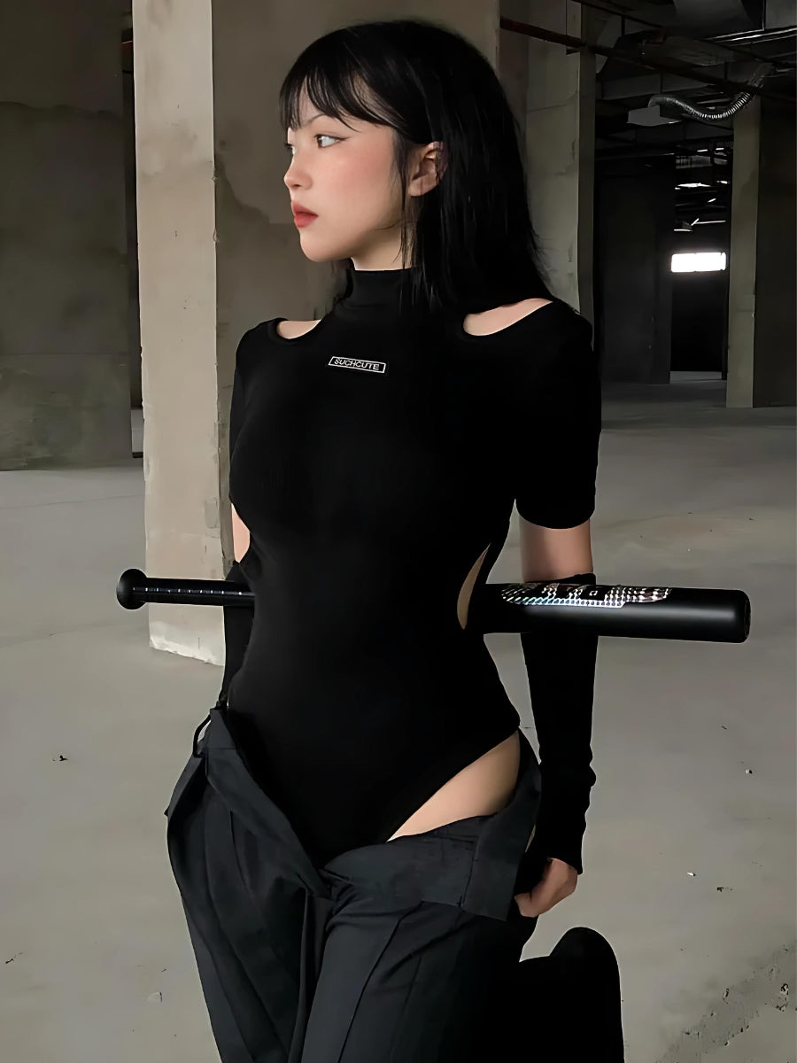 Y2K Cyberpunk Cut Out Corduroy Bodysuit - Retro Grunge Style