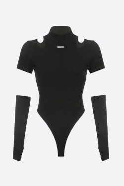 Y2K Cyberpunk Cut Out Corduroy Bodysuit - Retro Grunge Style