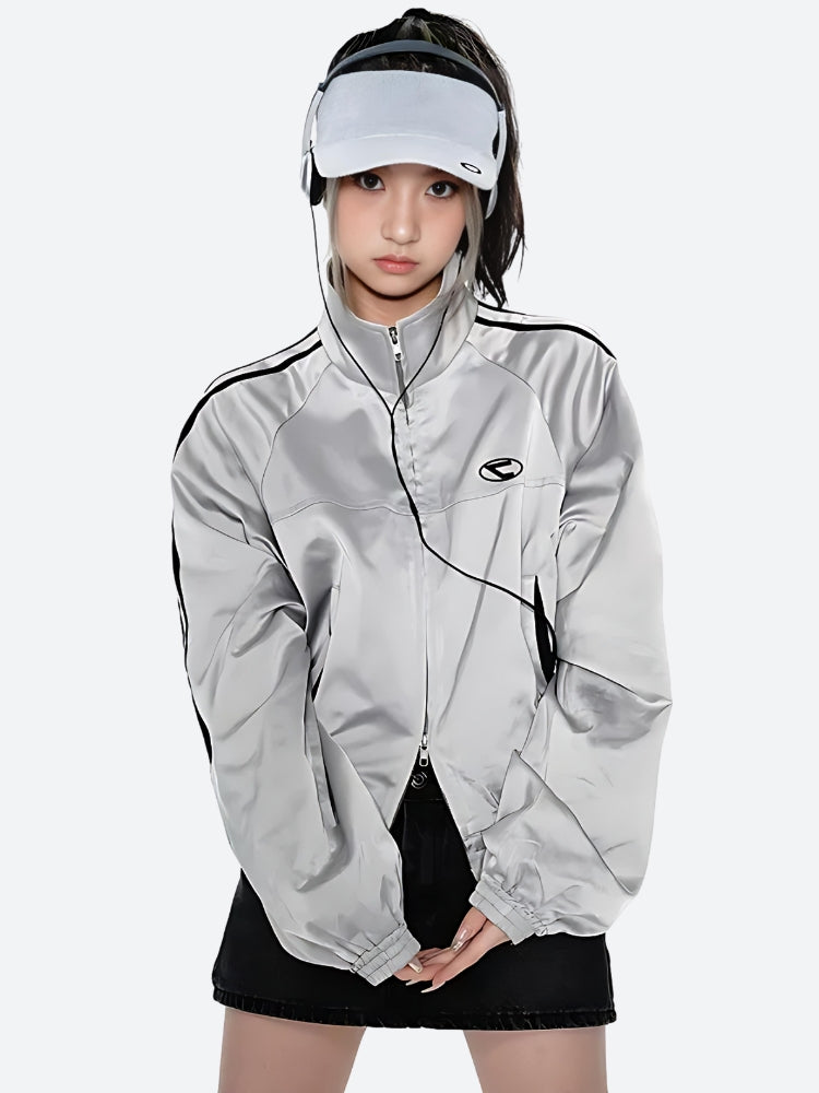 Y2K Cyberpunk Reflective Double Zip-Up Jacket - Retro 90s Grunge Style Y2K Outfits