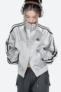 Y2K Cyberpunk Reflective Double Zip-Up Jacket - Retro 90s Grunge Style Y2K Outfits